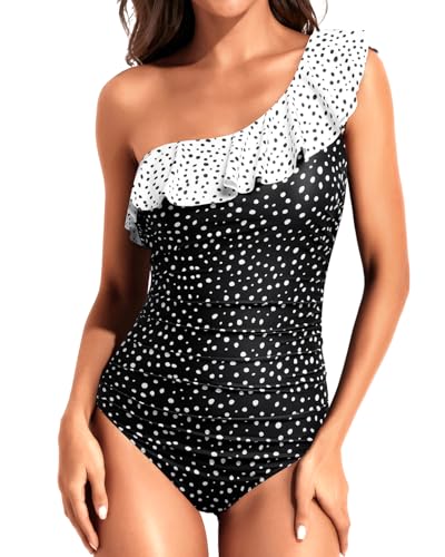 Image of Tempt Me Women One Piece Swimsuits Tummy Control One Shoulder Bathing Suits Ruffle Swimwear