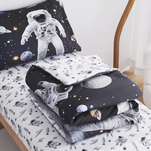 Image of lasoftan Toddler Bedding Set, 4 Piece Bed-in-a-Bag Toddler Bed Comforter Sets for Girls, Toddler Bed Set, Astronaut Printed, Machine Washable