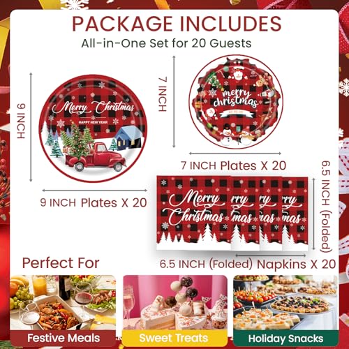Christmas 9 Inch & 7 Inch Party Plates and Napkins Set – Buffalo Plaid Red Truck Disposable Paper Dinner Plates Dessert Plates Napkins for Holiday Dinner Xmas Party Supplies Decorations, Serves 20 – Image 3