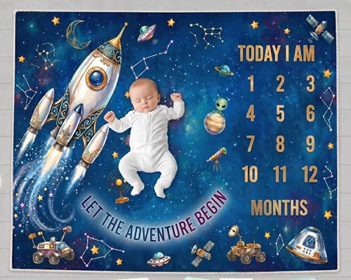 Image of Baby Monthly Milestone Photoshoot Blanket with Milestone Cards, Cotton, 115x95 cm, Animal Theme, 1-12 Months (Space)