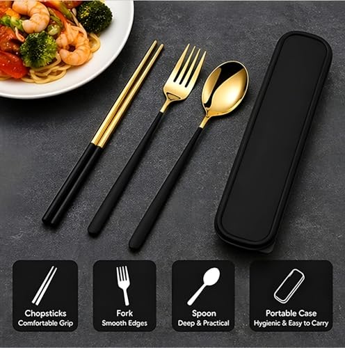Image of 3 Piece Premium Gold Stainless Steel Chopsticks Fork Spoon Set with Travel Case Non-Slip Dinnerware Cutlery Set Tableware Set for Gift (Gold Black)