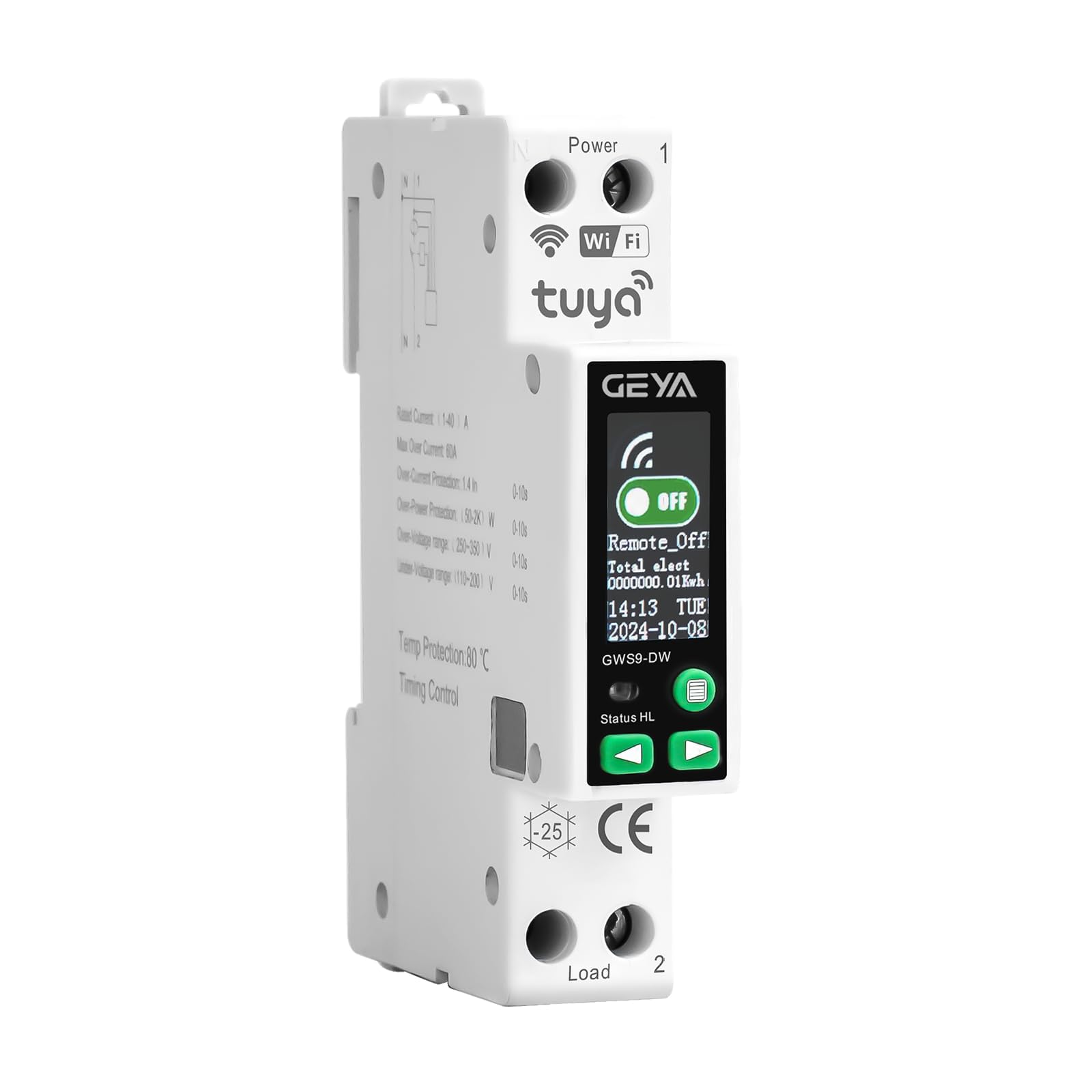 GEYA TUYA WIFI Disjoncteur intelligent avec comptage Télécommande sans fil Smart Home 1A~63A réglable 90V~240V (GWS9-DW Écran LCD)