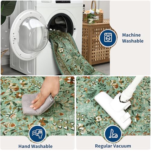 GarveeHome 2x6 Washable Runner Rug Green Floral Rug Runner for Hallway Soft Non-Slip Kitchen Runners Stain Resistant Ultra-Thin Entryway Indoor Carpet Long Rugs for Bedroom Laundry Bathroom Bedside
