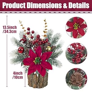 TORONTOKYO Small Christmas Tree Artificial Mini Tabletop Christmas Tree with Red Poinsettia Flower Berries Pine Cones Fake Potted Plant for Home Table Fireplace Mantel Indoor Xmas Decor