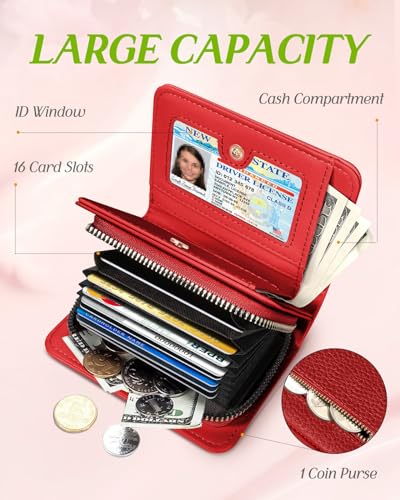 Image of Bistup Leather 12 Slot Accordion Card Holder Wallet, Red Bee | Accordion Storage, Zipper Around Closure, Compact Patterned Wallet for IDs, Cards, Cash, Daily Carry and Gifts