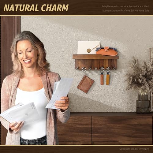 Decoración rústica para el hogar con el estante para llaves de madera natural 5