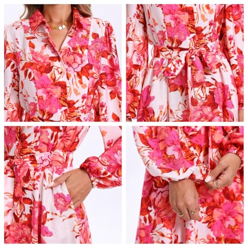 Image of Women Long Sleeve Spring Button Down A-Line Floral Print Summer Cocktail Shirt Dresses with Belt