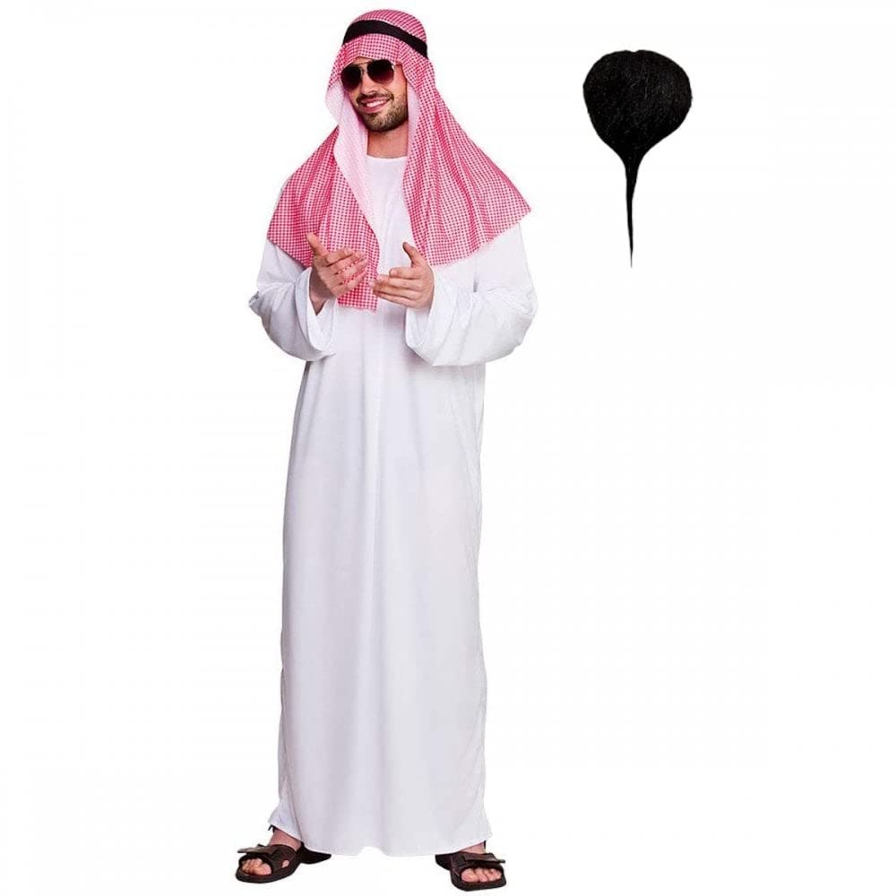 Adult Mens Arab Sheikh Costume + Goatee Beard : Middle Eastern Fancy Dress (Plus Size (Chest 48'')), White (2494WC CS)
