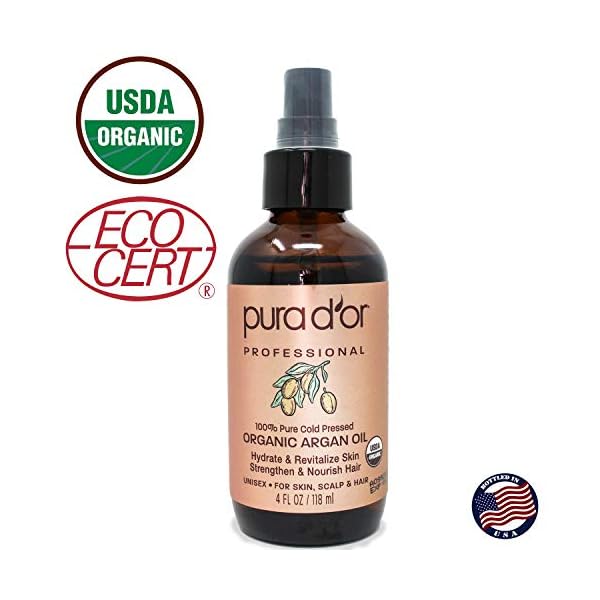 PURA D'OR Organic Moroccan Argan Oil (4oz / 118mL) USDA Certified 100% Pure Cold Pressed Virgin Premium Grade Moisturizer Treatment for Dry, Damaged Skin, Hair, Face, Body, Scalp (Packaging may vary)