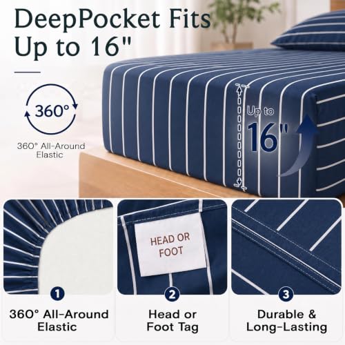 Image of King Striped Sheets Set, Deep Pocket Soft & Cooling Bed Sheet Set, 4PC
