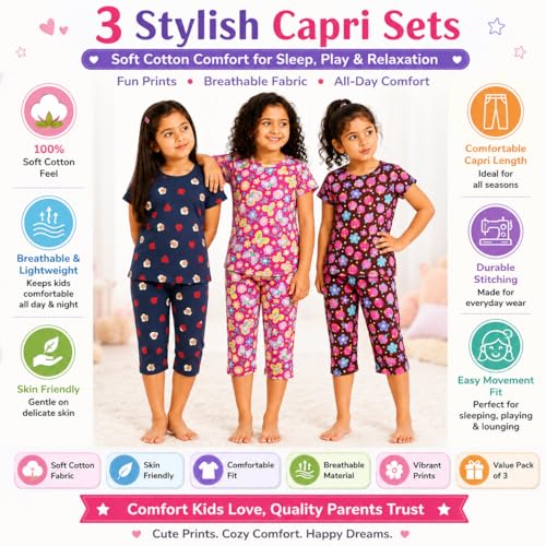 Image of NammaBaby Girl's Cotton Graphic Print Night Suit and Payjama Set - Multipack