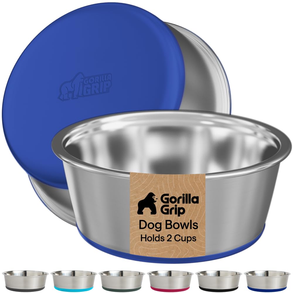GORILLA GRIP Dog Bowls, Food Grade Stainless Steel, Set of 2, 2 Cup, Blue