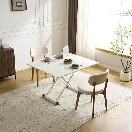 昇降テーブル 天板が2倍 幅50-100×奥行100×高さ31-77cm キャスター付き 完成品 ダイニングテーブル ローテーブル センターテーブル リビングテーブル (ホワイト)