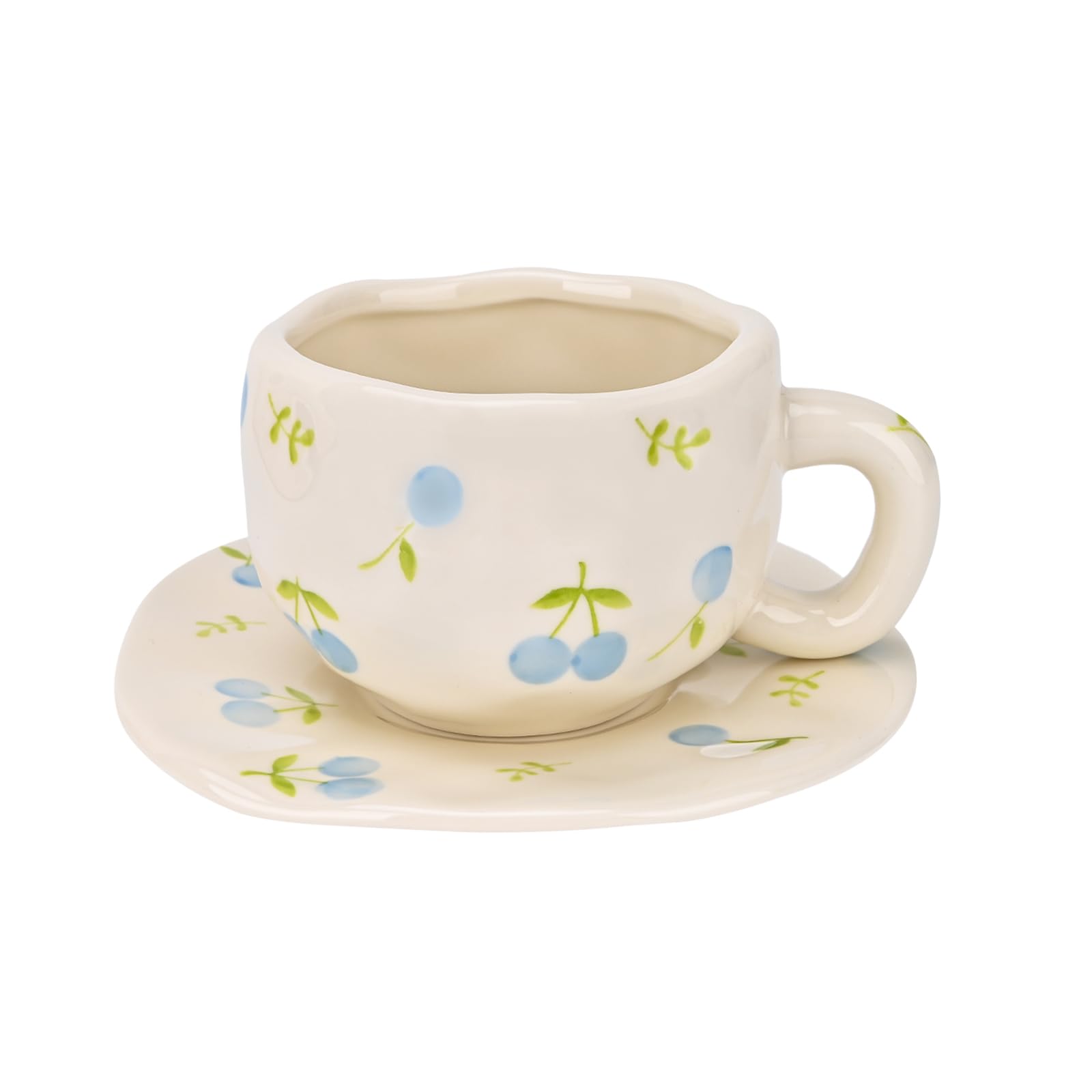 Koythin Ceramic Coffee Mug with Saucer Set, Cute Creative Fresh Fruit Cup Unique Irregular Design for Office and Home, 10 oz/300 ml for Latte Tea Milk