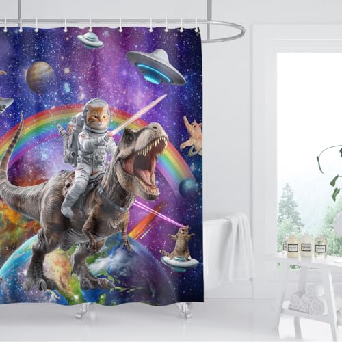 Image of Funny Cat Dinosaur Shower Curtain Fun Cool Hilarious Cats on Fantasy Galaxy Space Universe Anime Kids Bathroom Home Decor Waterproof Polyester Fabric 72Lx72W Inch with Hooks
