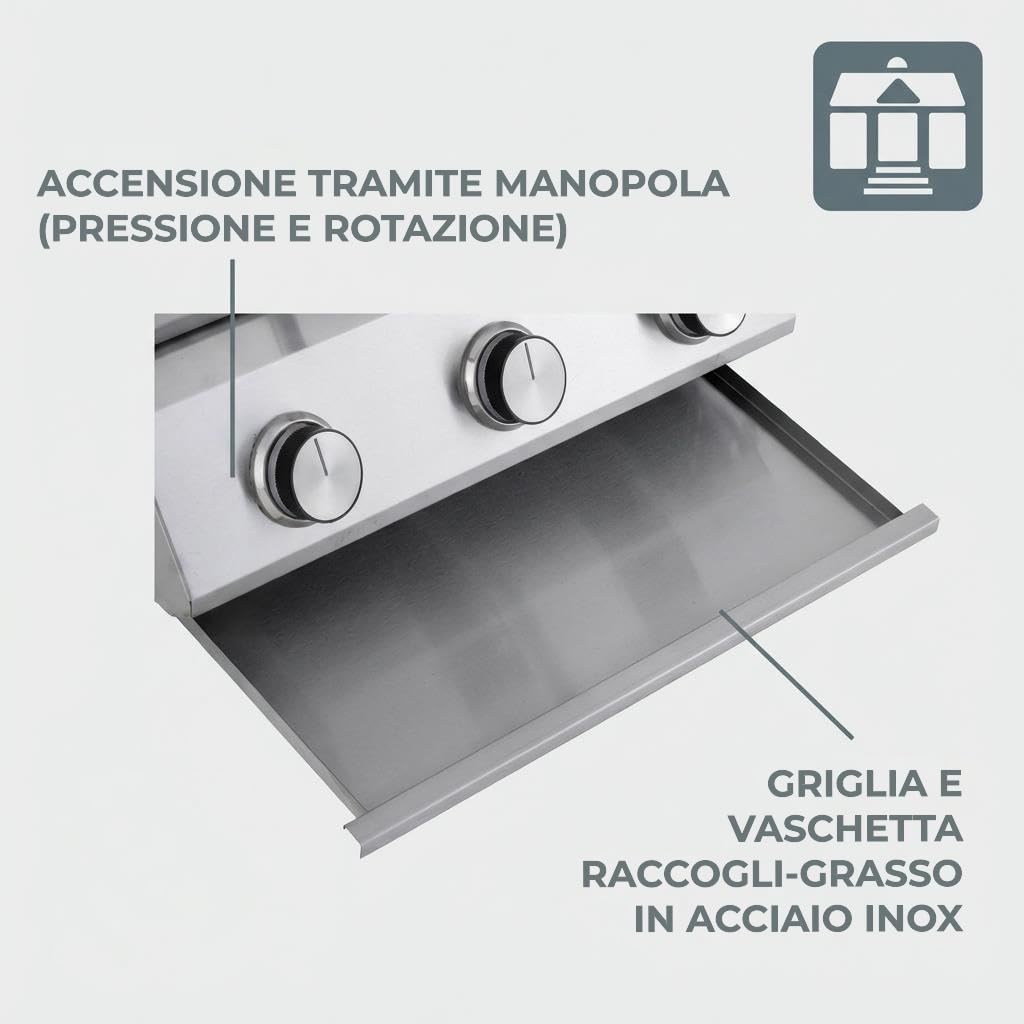 Tarrington House Barbecue a Gas 3 Bruciatori Cathan, Acciaio Inox 6.6 kW, Coperchio con Termometro, Accensione Elettrica