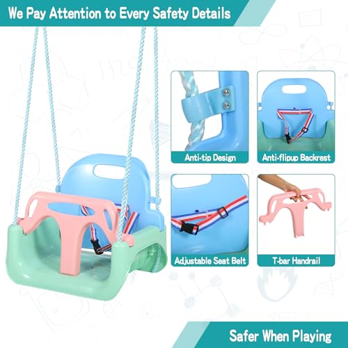 Image of RedSwing 3-in-1 Baby Swing Seat, Toddler Swings, Anti-Flip Snug & Secure Detachable Infants to Teens Kids Swing Seat for Outside Playground, Blue Green Pink