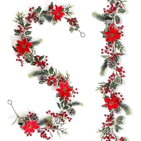 SOMYTING Christmas Garland 6FT Christmas Poinsettia Garland with Red Berries Holly Leaves Artificial Pine Needle Red Berry Garland Artificial Xmas Flower for Indoor Outdoor Christmas Decortions (2PCS) Cover