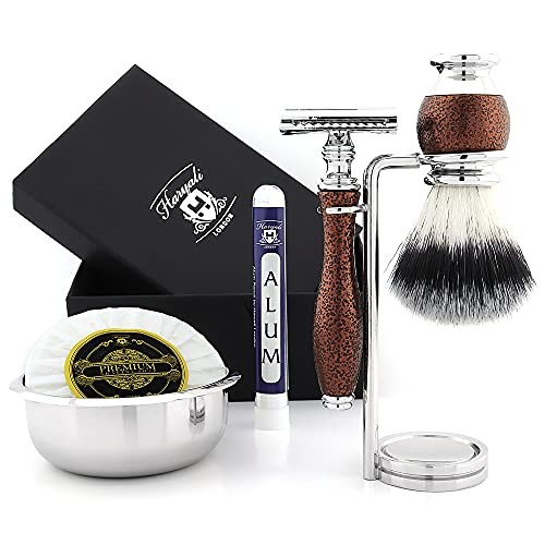 Complete Vintage Style Men's Shaving Set |Synthetic Brush, DE Safety Razor(Blades Not Included) Dual Stand, Bowl & Soap