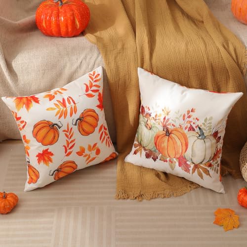Fall Decorations Set Of 4 Double-Sided Print Fall Pillow Covers with 8 Cute Different Looks with Autumn Decor, Bright And Colorful, 20" x 20" Soft Linen Throw Pillow Covers for Outdoor & Indoor Use