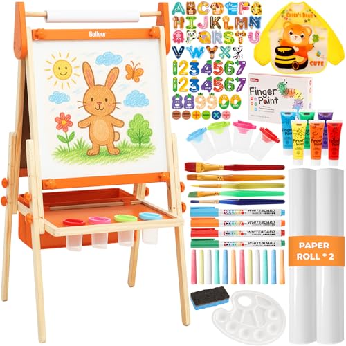 Belleur All-in-One Art Easel for Kids, Adjustable Double Sided Easel for Toddlers with Magnetic Whiteboard & Dry-Erase Chalk Board & Paper Roll, Child Painting Easel for Kid 2-8 Birthday Gift-Orange