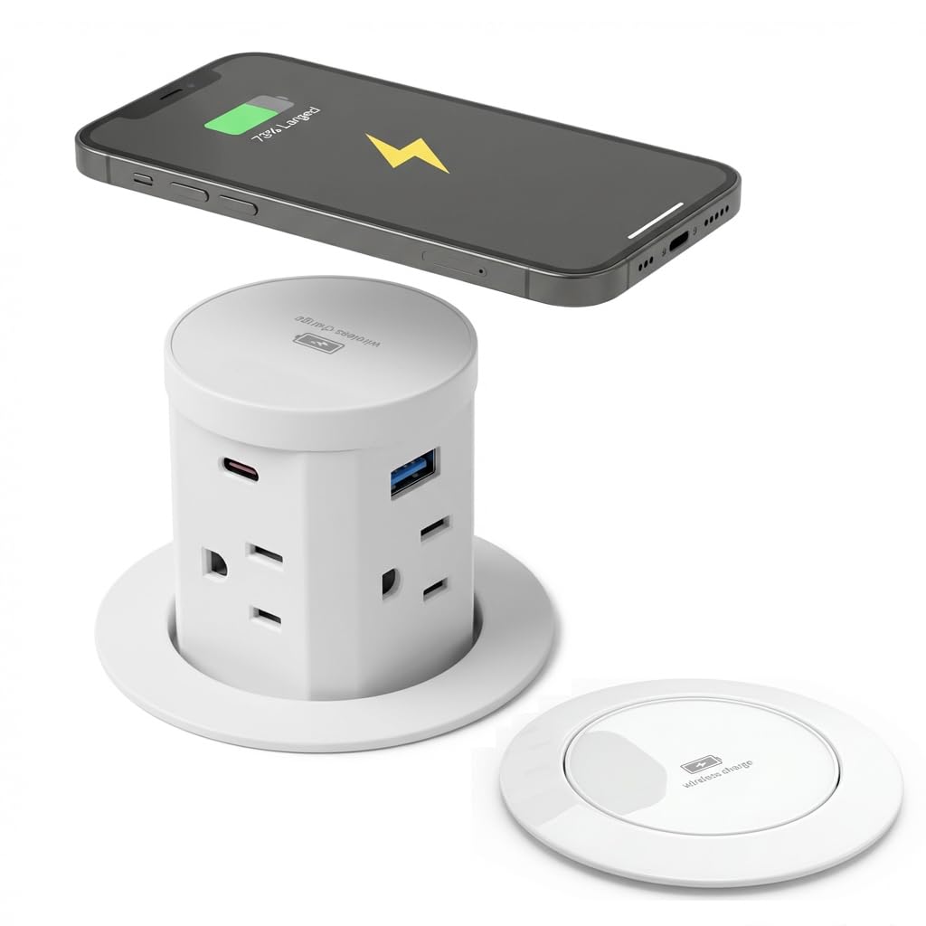 2.36" Pop Up Countertop Outlet, Pop Up Outlet with 15W Wireless Charger, Fits Standard Desktop Grommet Holes, No Extra Drilling, 4 AC Outlets, 2 USB-A & 2 USB-C PD 20W Fast Charging, Qi Compatible