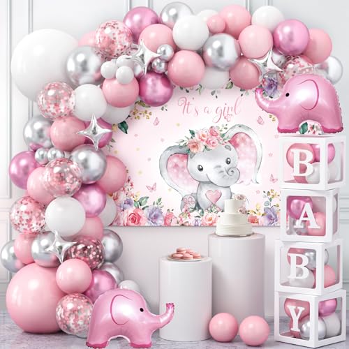 Winrayk 138Pcs Elephant Baby Shower Decorations Girl Baby Boxes with Letters & Pink White Silver Balloon Arch & Its a Girl Backdrop Huge Foil Balloons Birthday Party Supplies Girl Baby Shower Decor