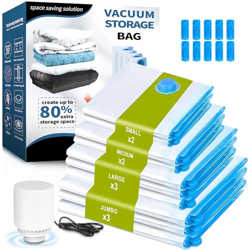 NXPZ Sacchetti Sottovuoto Vestiti con Pompa Elettrica, 10 Pezzi (3 Jumbo 100x80cm, 3 Grande 80x60cm, 2 Media 70x50cm, 2 Piccola 60x40cm), Sacchi Sottovuoto Riutilizzabili per Lenzuola, Cuscini