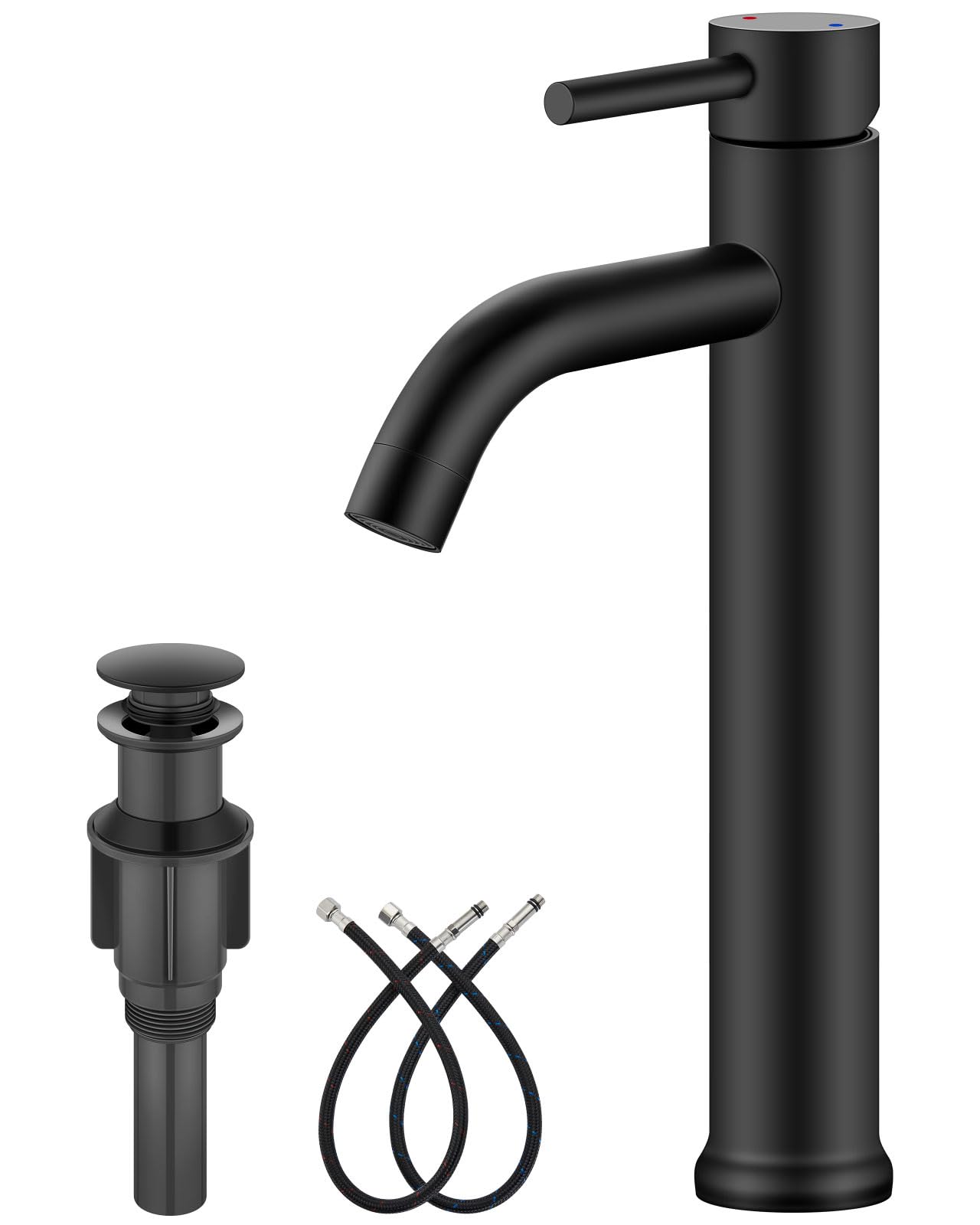 Aolemi Matte Black Vessel Sink Faucet Bathroom Faucet Tall Stainless Steel Bathroom Sink Faucet Single Handle One Hole Round Body with Pop up Drain Basin Bowl Vanity Lavatory Mixer Tap