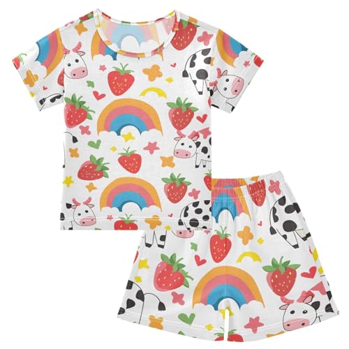 ALAZA Strawberry Rainbow Cow Love Heart Pajamas Short Sleeve 2 Piece Sleepwear Top and Bottom Pajama Set Unisex