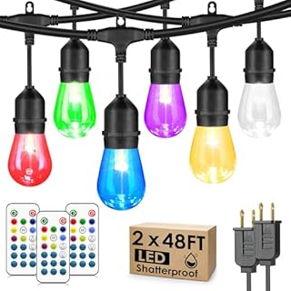 Larkvue 96FT(2X48FT) RGBW Outdoor String Lights with Remote, Patio Lights with 30+3 Vintage S14 Dimmable Waterproof Bulbs for Xmas Bistro Cafe Outside