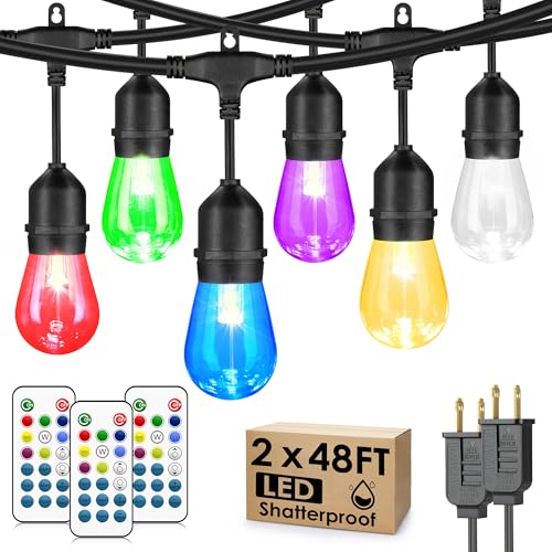 Larkvue 96FT(2X48FT) RGBW Outdoor String Lights with Remote, Patio Lights with 30+3 Vintage S14 Dimmable Waterproof Bulbs for Xmas Bistro Cafe Outside