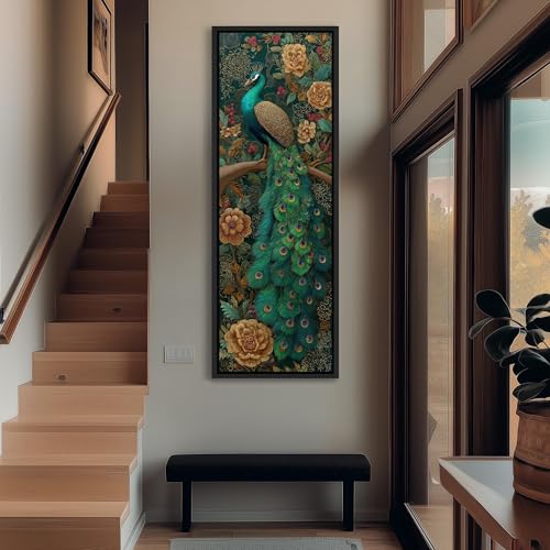 Peinture animalière de paon et décor floral sombre style Art nouveau