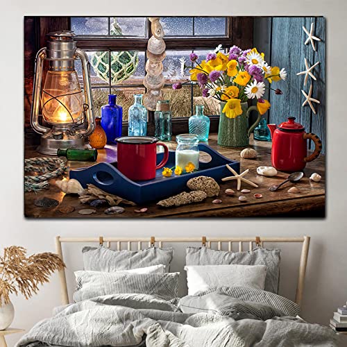 Tableau fleurs vintage sur toile 50x70cm motif vase sans cadre