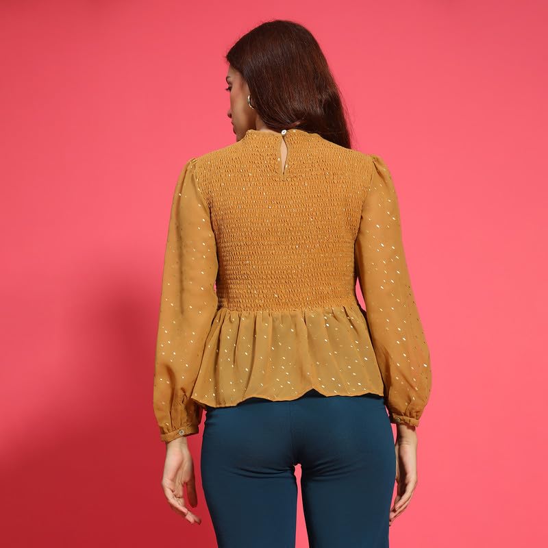 Image of oxolloxo Women Round Neck Long Sleeve Smocked Peplum Top
