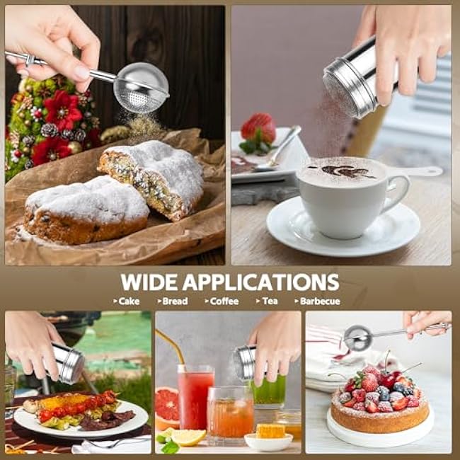 2 Pack Powdered Sugar Shaker Duster, Stainless Steel Cinnamon Sugar Shaker & Flour Duster Set, Spring Flour Sifter with 16Pcs Coffee Stencils for Baking, Coffee