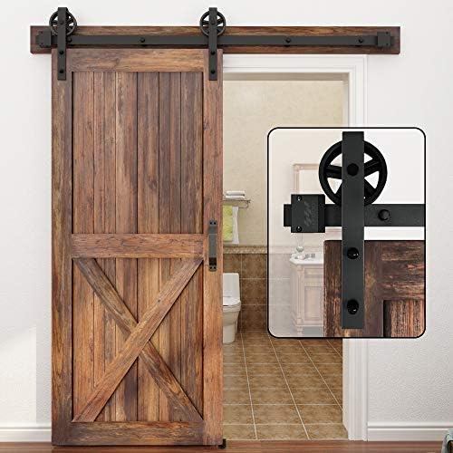 WINSOON 5-16FT Single Wood Sliding Barn Door Hardware Basic Black Big Spoke Wheel Roller Kit Garage Closet Carbon Steel Flat Track System (10FT)