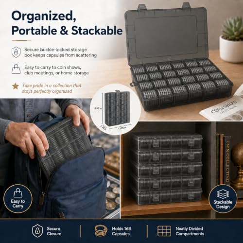 Image of FULLCASE Coin Capsules for Collectors, 168-Piece Storage Case,Fits 20-46mm
