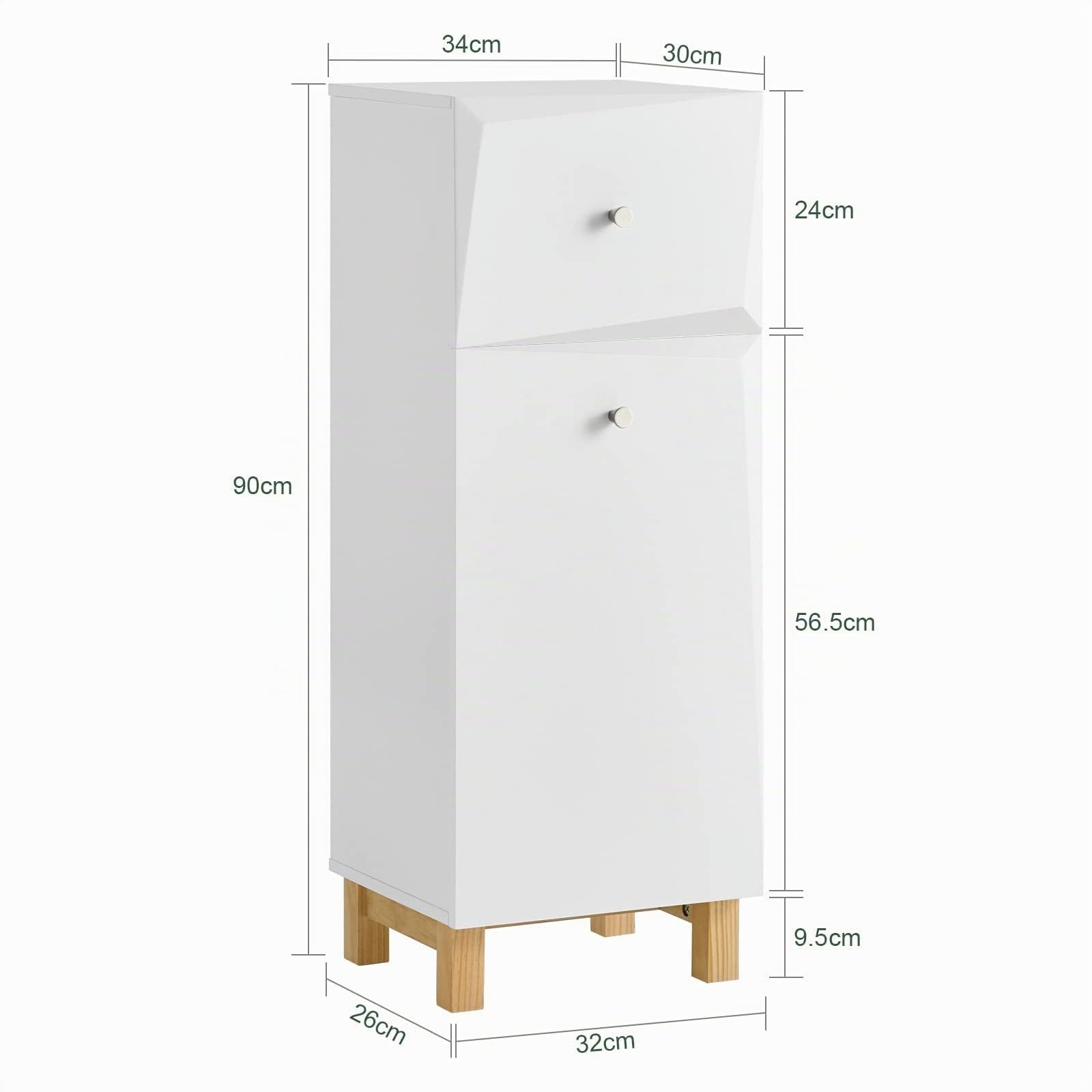 SoBuy Armadietto da Bagno con Cesto per il Bucato – Mobile per il Bucato con Cassetto Compatto, Mobile Salvaspazio in Legno per il Bagno, Design Moderno, Bianco, 34x90x30 cm, BZR93-W