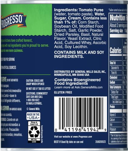 Image of Progresso Reduced Sodium, Creamy Tomato with Basil Soup, Gluten Free, 19 oz (Pack of 4)