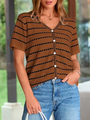 Image of NALANISA Women's Short Sleeve Sweater Spring Summer Crochet Knit Tops 2026 V Neck Striped Button Down Dressy Casual Blouses