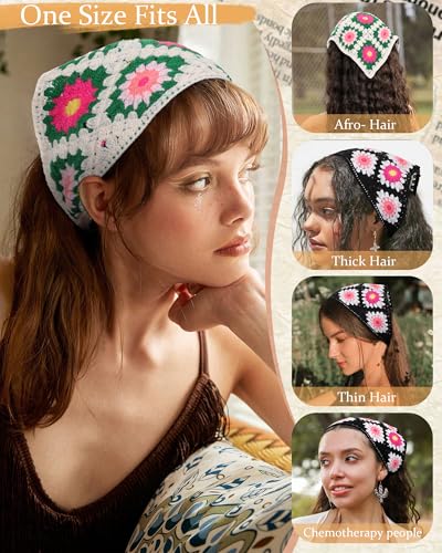2 PCS Crochet Bandanas Floral Bandana Headband Tie Knitted Headscarf Hair Bandanas for Women Girls Head Kerchief3
