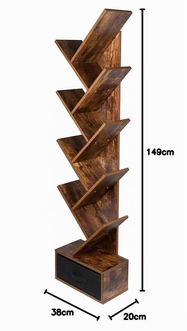 BAKAJI Libreria Scaffale 10 Ripiani Inclinati in Legno MDF con Cassetto in Tessuto, Scaffalatura con Design Moderno per Soggiorno, Salotto, Casa, Ufficio, Dimensione 149 x 38 x 20 cm