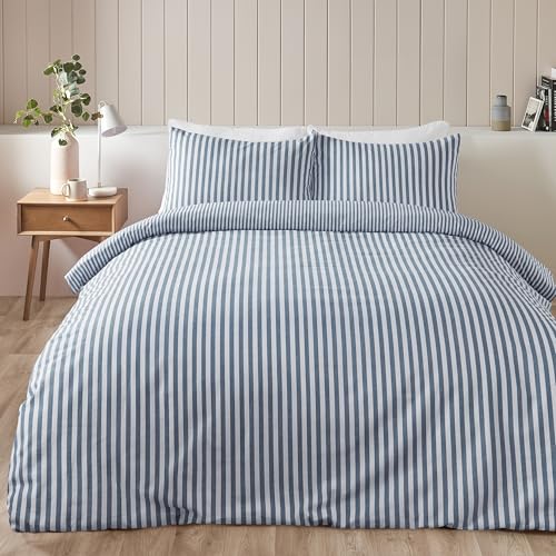 Catherine Lansfield Wende-Bettwäsche-Set mit Kissenbezug, gebürstete Baumwolle, gestreift, Blau
