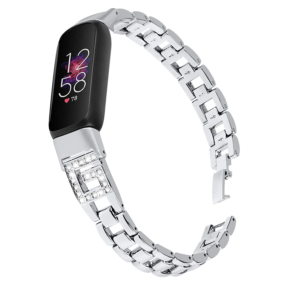 Replacement Metal Bands Compatible with Fitbit Luxe, Adjustable Bling Rhinestone Smart Watch Accessory Wristband Bracelet Strap for Fitbit Luxe Fitness and Wellness Tracker (Silver)