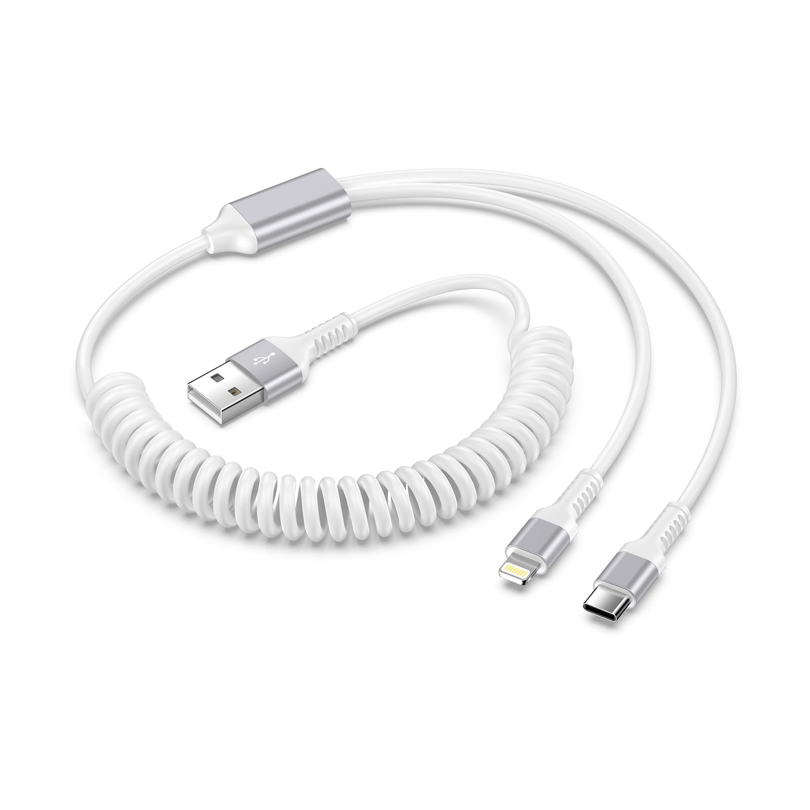 コイル 2in1 充電ケーブル ライトニング&タイプC iPhone17/16充電ケーブル カールコード 5V2A 急速充電 Haoano 2イン1 lightning USB-C マルチ充電 車用 伸縮コード iPhone 17/16/15/14/13/12/11/XR/XS/8/iPad Air/iPad Mini ホワイト