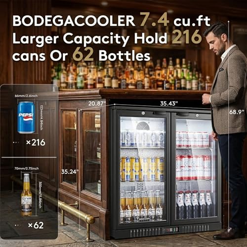 BODEGACOOLER 35.4 Inch Under Counter Beverage Refrigerator, 2 Door Back Bar Cooler, Dual Zone 32–50°F, 7.4 Cu.Ft Built-in or Freestanding Glass Door Fridge with LED Lighting, Holds 216 Cans/62 Bottles by BODEGA - Image 2