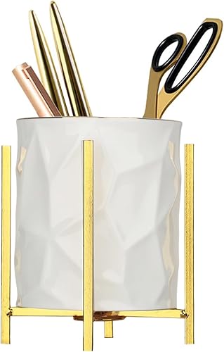 SIEBOLD Soporte de cerámica para bolígrafo de escritorio, línea dorada, geometría irregular, taza, organizador de escritorio, soporte para brochas