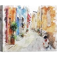 SIGNWIN Canvas Wall Art A Bike Lane and Road with Cobblestone in an European Village Places Landmarks Watercolor Impressionism for Living Room, Bedroom, Office - 12x18 inches