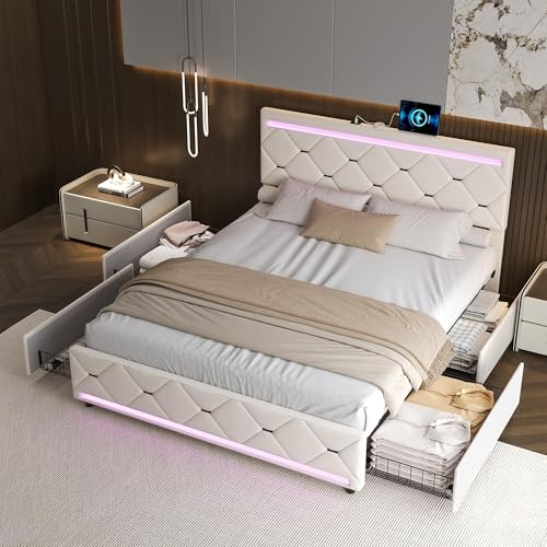 WSOFZMO Polsterbett 160x200 mit Stauraum, Doppelbett mit 4 Schubladen, Boxspringbett 160x200 mit LED & USB Ladefunktion, Jugendbett, Bettgestell mit...
